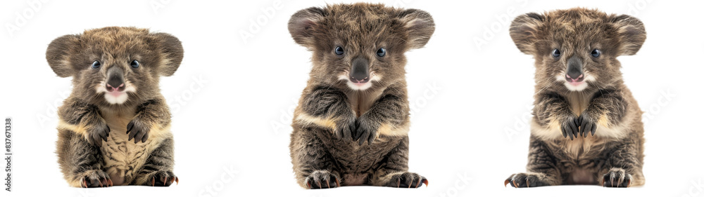 Three Adorable Koala Joeys Sitting on White Background Three Adorable Koala Joeys Sitting on White Background