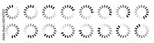 Rounded rectangular buffering symbol set in 16 shades of black colour. Rounded rectangle buffering, loading, processing and progressing indicator icon set isolated on white background.