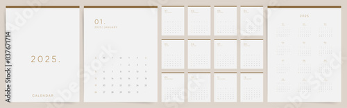 Calendar 2025. Calendar template 2025 for wall and desk use. Set of ready to print monthly vertical A4 designs. Elegant minimal modern 2025 calendar.	
