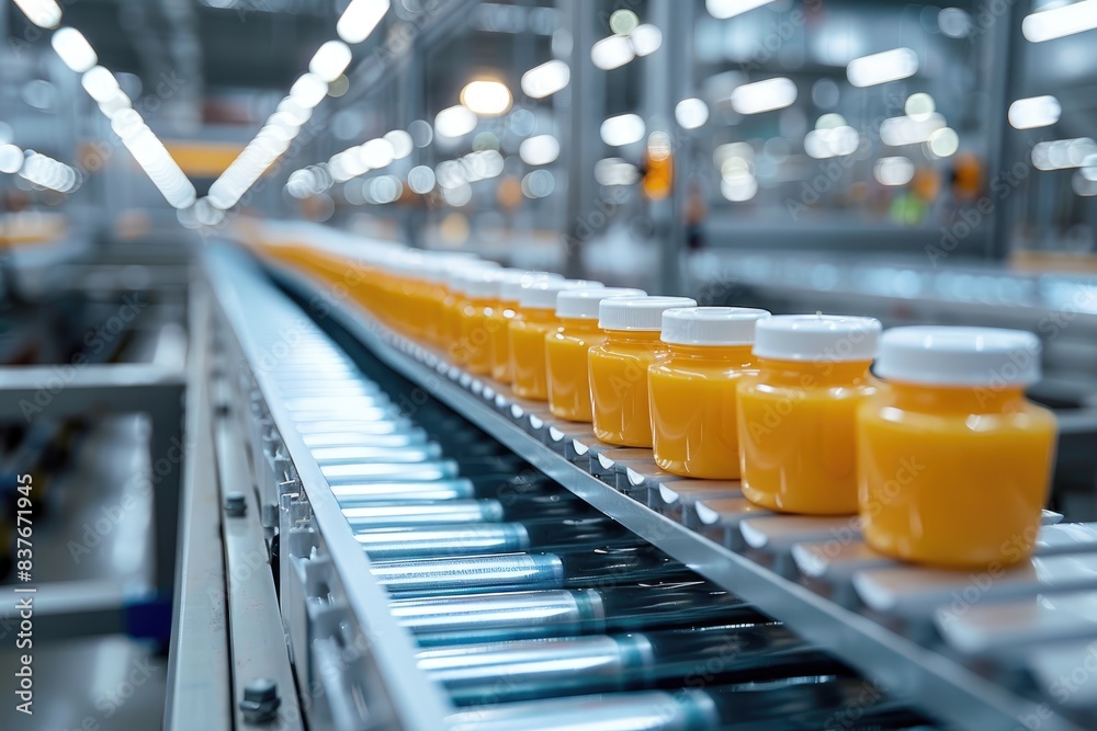 Industrial conveyor belt with bottles of orange juice in a factory, showing modern production process and beverage packaging. Industrial conveyor belt with bottles of orange juice in a factory, showing modern production process and beverage packaging.