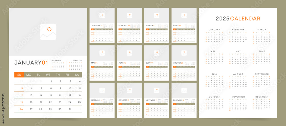 2025 Calendar Template Design. Modern Vertical A4 2025 Calendar Design. Monthly Desk and Wall Planner in Green and Orange. Ideal for Office Branding and Corporate Planning Calendar 2025.
2025 Calendar Template Design. Modern Vertical A4 2025 Calendar Design. Monthly Desk and Wall Planner in Green and Orange. Ideal for Office Branding and Corporate Planning Calendar 2025.