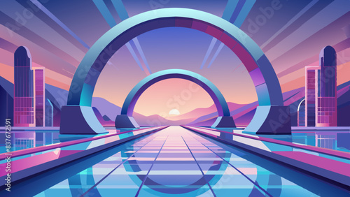 Futuristic Cityscape at Sunset with Vibrant Colors and Geometric Shapes