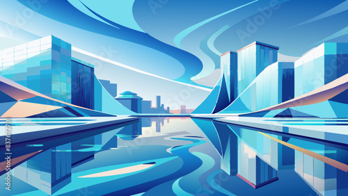 Futuristic Cityscape with Abstract Skyline and Reflective Water
