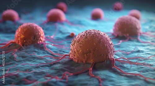 Cancer cells. Malignant tumor. Microscopic image. 3D rendering. photo