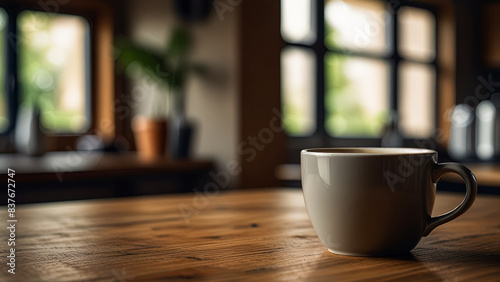 Wooden table top with cup of coffee or tea on blurred kitchen, restaurant or bar interior background with copy space.