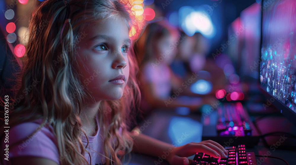 Fototapeta premium A little girl in pink clothes plays games in a computer club.
