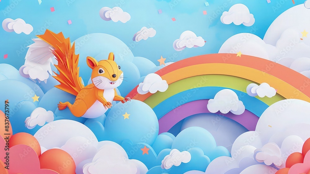 A mischievous squirrel sliding down a rainbow through fluffy clouds in a magical paper art-style sky, creating a joyful and playful scene filled with vibrant colors. A mischievous squirrel sliding down a rainbow through fluffy clouds in a magical paper art-style sky, creating a joyful and playful scene filled with vibrant colors.
