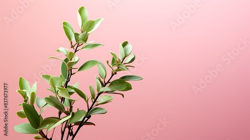 A detailed green leaf with smooth edges  isolated on a solid light pink background