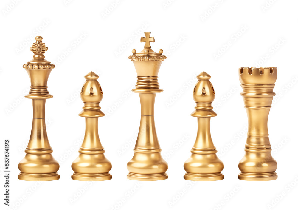 Luxurious golden chess set isolated on transparent or white background, png.