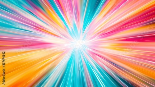 Pastel pink, teal, butter yellow, papaya orange light streaks converge in warp speed effect, creating a vibrant central point in sci-fi scene.
