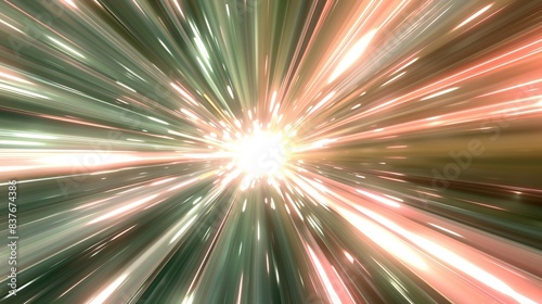 Pastel olive green and salmon pink light streaks converge into a bright center in a sci-fi warp speed effect.