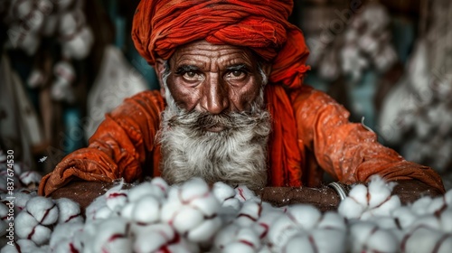  A man in a red turban sits before two piles of cotton – one white, the other red – with a larger pile in front of him photo