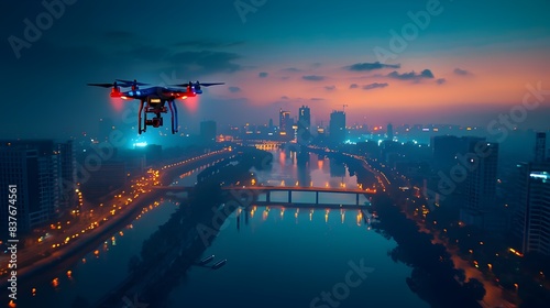 Aerial Drone Capturing Vibrant Night time Cityscape with Reflections in the River Futuristic Urban Landscape