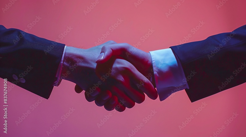 Two men handshake pink room red background Two men handshake pink room red background