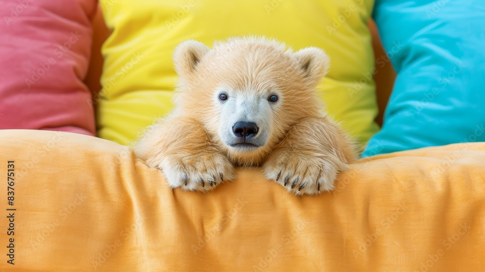 A tight shot of a baby polar bear seated on a couch Soft pillows populate the background A bear perches atop the couch's back, peering over A tight shot of a baby polar bear seated on a couch Soft pillows populate the background A bear perches atop the couch's back, peering over