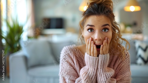 Shocked Young Woman Expressing Surprise in Modern Living Room