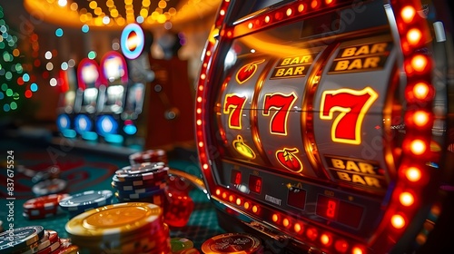 Casino slot machine background. Colourful online casino banner 777 big winning symbol of gold jackpot, casino bar celebration light graphic. Entertainment leisure concept 3d modern digital artwork.