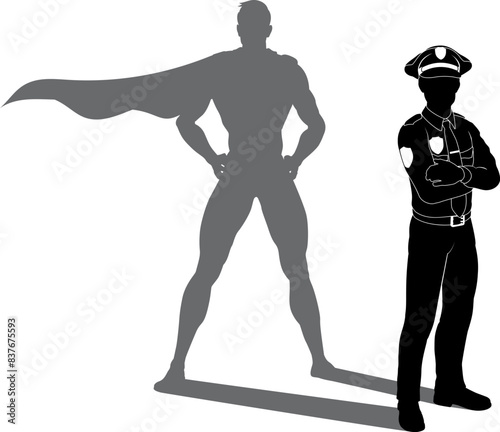 A superhero police officer man policeman revealed by his shadow silhouette as a super hero in a cape