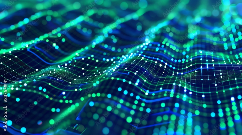 A detailed close-up of a digital data wallpaper background, showing a grid of shimmering data points and lines in shades of neon blue and green, forming a high-tech, abstract matrix.