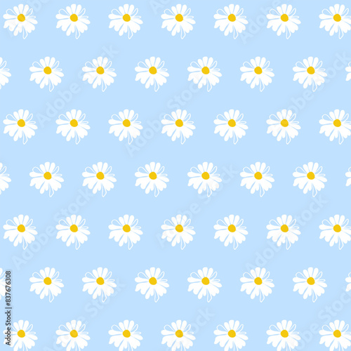 Spring background meadow daisies blue seamless Summer pattern Blooming wildflower ditsy ornament wrapping fabric wallpaper textile mosaic © vladaray