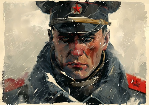 Portrait of a Soviet soldier in a fur hat photo