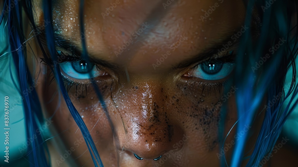 A tight shot of a woman with blue hair and freckles, her face engulfed by cascading water A tight shot of a woman with blue hair and freckles, her face engulfed by cascading water