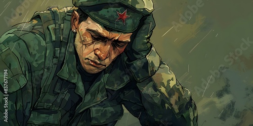 A soldier wearing a green military uniform and a red beret is looking down with a sad expression on his face. photo