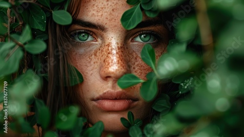  A close-up of a woman with freckles dotting her face Surrounded by green leaves, a foliage freckle overlays her visage © Mikus