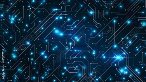 A digital data wallpaper background, showcasing a seamless pattern of bright, neon blue circuit traces and data nodes, against a gradient backdrop of dark navy to black. © Abdul