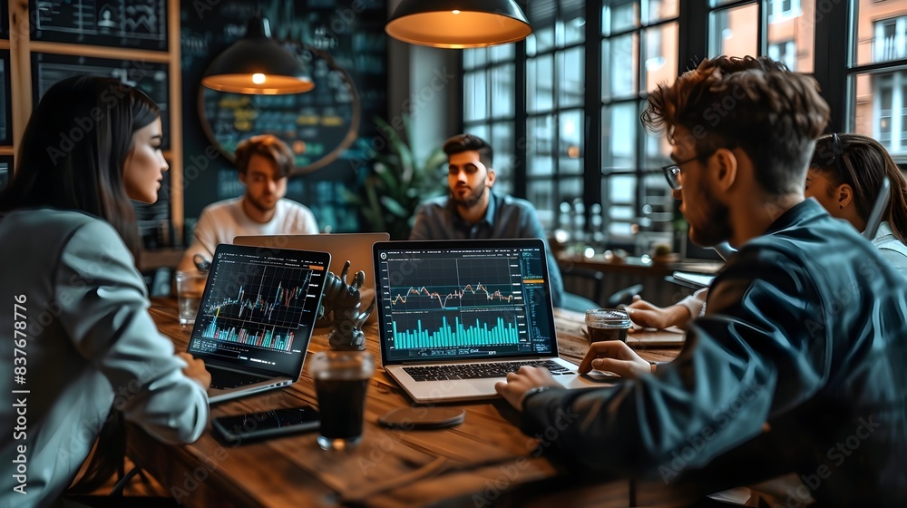 Young Professionals Discussing Investment Opportunities with Laptops and Analytical Charts Young Professionals Discussing Investment Opportunities with Laptops and Analytical Charts