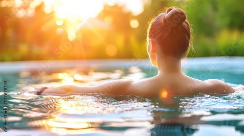  A woman sits in a pool facing away from the camera  with the sun illuminating the trees behind her back