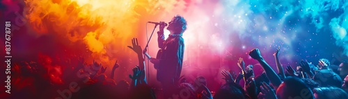 A dynamic shot of a professional musician performing on stage, bathed in colorful stage lights and surrounded by an excited audience cheering.