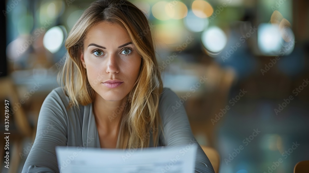 Professional Businesswoman Analyzing Financial Risk Assessment with Focused Expression Professional Businesswoman Analyzing Financial Risk Assessment with Focused Expression