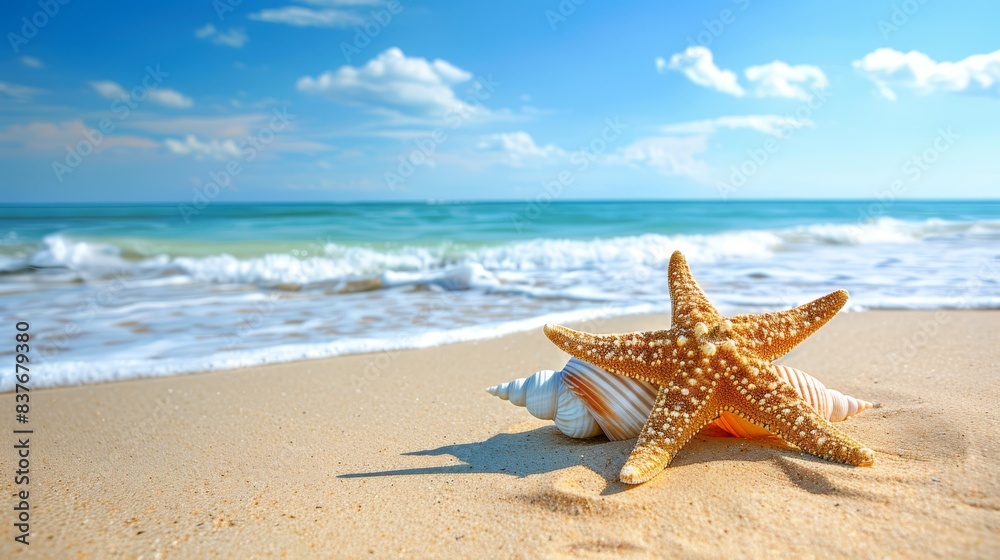 Starfish on sandy beach, near ocean under sunlight Blue sky dotted with wispy white clouds Starfish on sandy beach, near ocean under sunlight Blue sky dotted with wispy white clouds