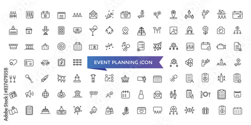 Event planning icon collection. Related to decorations, venue, event planner, registration, entertainment, catering and invitations symbol.
