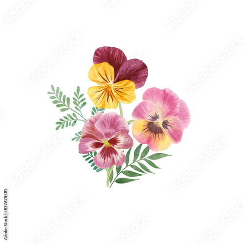 Colorful Pansy flowers  green leaves  bouquet watercolor  isolated on white.  Spring blooming Viola flowers. Floral arrangement detailed botanical illustration