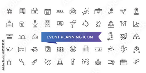 Event planning icon collection. Related to decorations, venue, event planner, registration, entertainment, catering and invitations symbol.