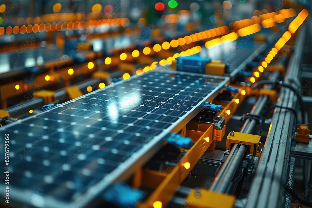Fototapeta premium Solar panels on an automated production line in a modern factory, highlighting technology and sustainable energy manufacturing.