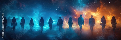 Silhouettes of people standing in front of a vibrant, cosmic background with contrasting blue and orange nebulae.