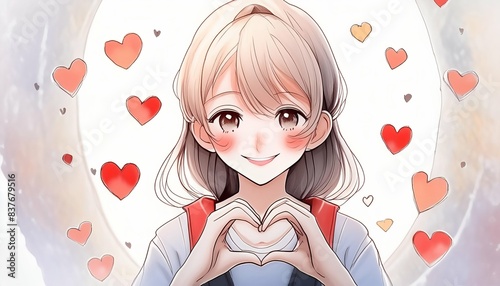 A smiling anime girl with light brown hair makes a heart gesture with her hands, surrounded by a background filled with floating hearts. Her bright eyes and rosy cheeks convey love and joy. 