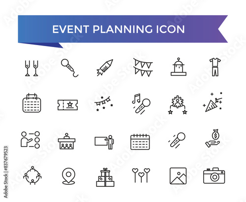 Event planning icon collection. Related to decorations, venue, event planner, registration, entertainment, catering and invitations symbol.