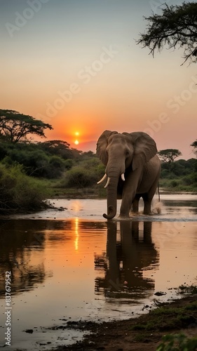 Amazing natural scene. Elephant standing in water and sunset behind scene