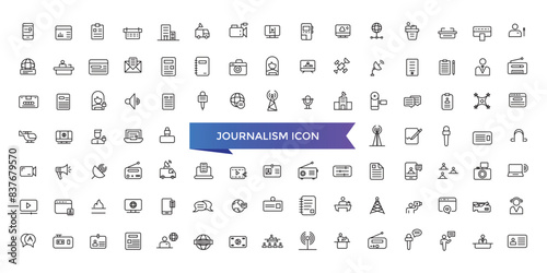 Journalism icon collection. Related to journalist, news, microphone, interview, reporter, podcast, press badge, newspaper and radio. Line icons set.
