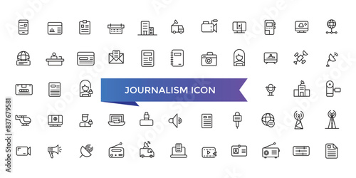 Journalism icon collection. Related to journalist, news, microphone, interview, reporter, podcast, press badge, newspaper and radio. Line icons set.