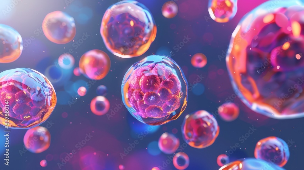 3D rendering of a group of pink and purple cells floating in a blue liquid. 3D rendering of a group of pink and purple cells floating in a blue liquid.