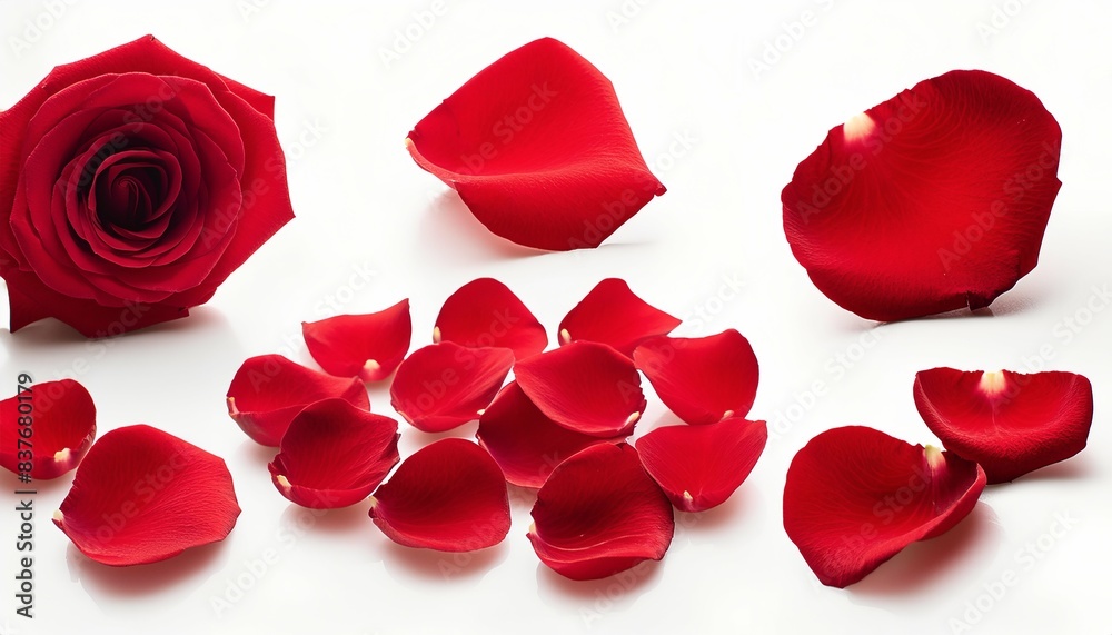 Fototapeta premium A red rose and its petals artistically arranged against a white background. The deep red color of the rose and petals creates a striking contrast with the white, symbolizing love, passion.