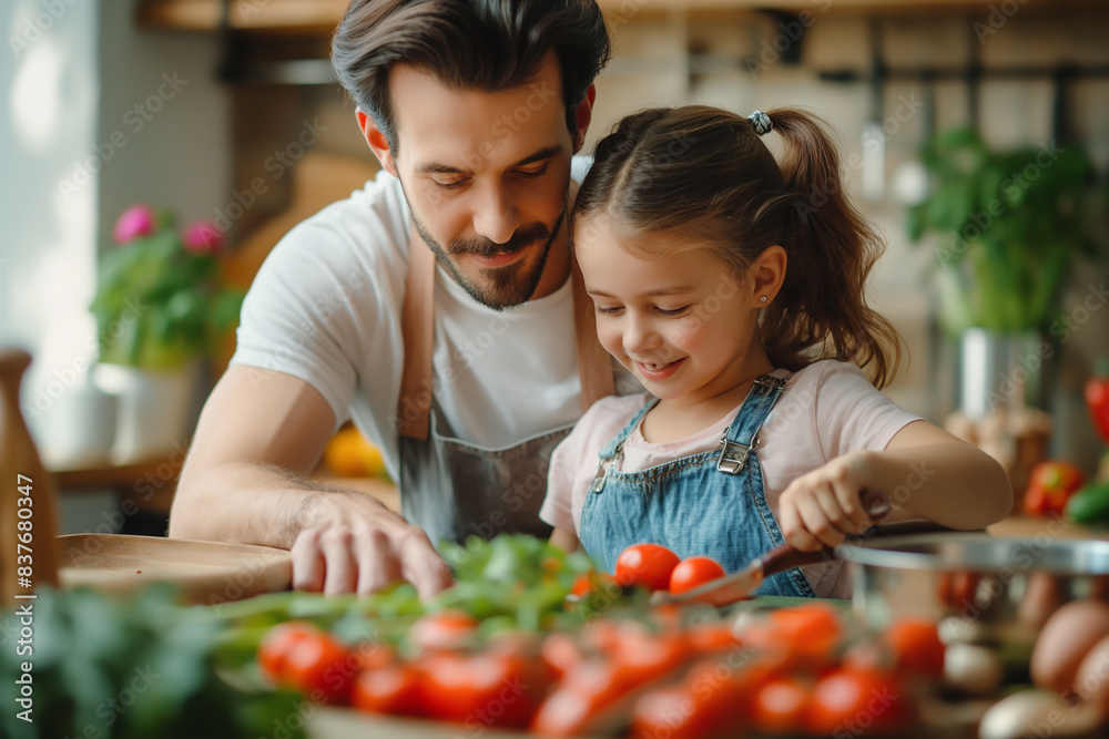 A handsome young father and his cute daughter joyfully preparing food in the kitchen on a holiday, bright atmosphere with gentle morning sunlight, background softly blurred