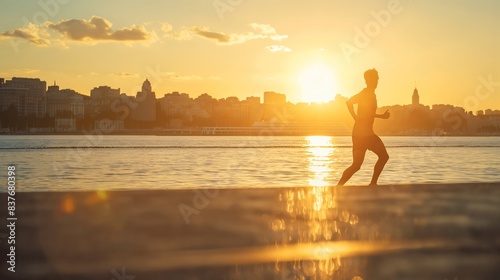 A figure runs along a waterfront path against the backdrop of a setting sun and urban skyline