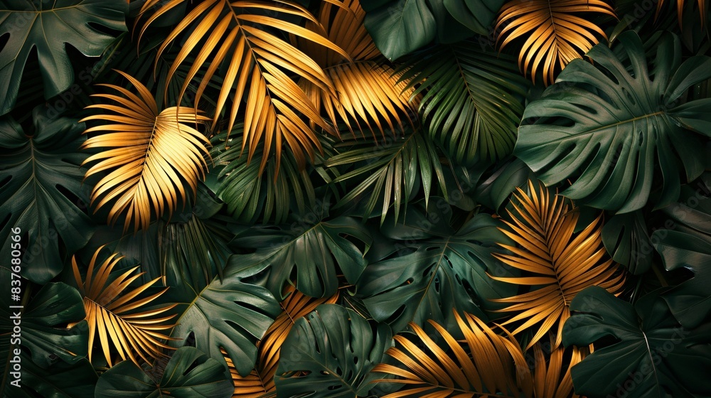 Close-up of various green and golden leaves Close-up of various green and golden leaves