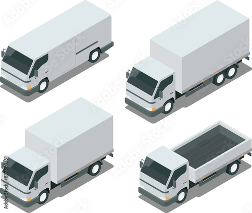 Isometric trucks, van, box truck, pickup truck vector illustration